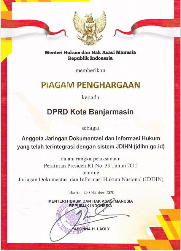 Sekretariat DPRD Kota Banjarmasin Menerima Penghargaan dari Kementerian Hukum dan Hak Asasi Manusia